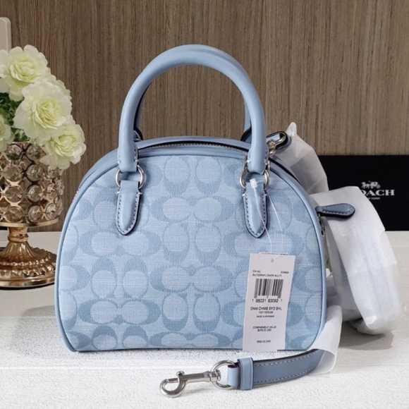 COACH CH140 Sydney Satchel Bag In Signature Chambray &Leather Cornflower Blue - Picture 6 of 7